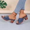 Stylish blue chunky heel slide sandals for women with elegant gold buckle accent - 36 / Euro-American Retro Chunky Heel (A-1118) / Blue