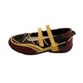 Side profile of a sporty burgundy Mary Jane shoe featuring yellow bungee laces and straps - Black and Yellow