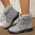 Close-up of gray winter snow boots with faux fur trim and quilted nylon texture. - 36 / Gray