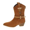 Macro detail of brown suede western boot featuring gold bat buckles and pointed toe. - 38 / Brown