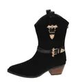 Detailed view of black suede western boots featuring unique gold bat-shaped buckles. - 38 / Black