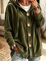 Primo piano di cardigan con cappuccio in velluto verde oliva con grandi bottoni in legno - Taglia S / Top / Verde