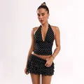 Sexy black polka dot halter crop top and ruffled mini skirt two-piece summer set - S / Top And Bottom / Black