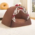 Cozy brown fully enclosed pet tent house featuring soft striped curtains and plush mat - Retro Grid Tent / M (45cmx35cmx33cm) + Electric Blanket / Coffee