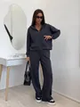 Full-body view of a dark grey two-piece zip-up hoodie and wide-leg tracksuit set for women. - S / Top And Bottom / Dark Gray