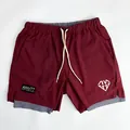 High-performance men's burgundy double-layer mesh fitness shorts with drawstring - M / Bottoms / Wine Red and Grey