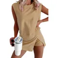 Detail view of a casual tan two-piece set with a sleeveless top and matching wrap skort. - Turmeric