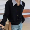 Women's black fake two-piece knit sweater with striped shirt collar and gold buttons. - Tops / One Size / Black