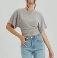 Detailed view of a grey cropped T-shirt featuring a ruched waist and crew neck design. - XS / Tops / Light Gray