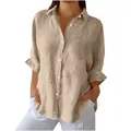 Lässiges Damen-Leinenhemd mit Knopfleiste, Brusttasche und Rollärmeln in Beige - Khaki