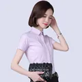 Close-up of elegant light purple short-sleeved slim-fit button-down shirt for women - 38 / Tops / T-Shirts / Pink