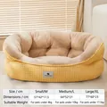 Yellow checkered plush pet bed with detailed size guide for M, L, and XL sizes - Yellow Plaid