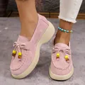 Rosa Plateau-Loafer aus Wildleder für Damen mit bunten Perlen-Quasten-Schleifen - 36 / Rosa