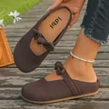 Comfortable brown suede-like slip-on casual sandals featuring a stylish bow detail - 36 / Dark Brown