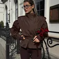 Chique chocoladebruine Franse stijl trenchcoat met pofmouwen en ceintuur voor dames - S / Tops / Donkerbruin
