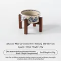 Medium ceramic cat bowl with blue floral cat pattern and elevated acacia wood stand - M / Blue Pattern Straight Bowl / Single Bowl + Elevated Stand