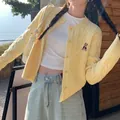 Stylish yellow cable-knit cardigan featuring cute small bear embroidery for women - One Size / Tops / Light Yellow
