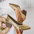 Gold crocodile texture pointed-toe pumps with stable chunky heels for women. - Gold