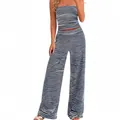 Casual two-piece set with horizontal striped tube top and wide-leg trousers - Dark Blue White Stripe