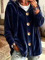 Primo piano di un cardigan blu in velluto con cappuccio, bottoni in legno e coulisse - Taglia S / Top / Blu navy