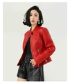 Detailed view of red faux leather jacket with stand collar on female model - M / Tops / Red