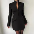 Elegant black long sleeve slim-fit blazer dress with high neck and front buttons - S / Dresses / Black