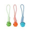 Detailed view of durable TPR dog toy balls with woven ropes for teeth cleaning - Hand-pull Leaking Ball (Orange) / 6cm Ball - Total Length 33cm