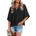 Casual black loose t-shirt featuring flared half sleeves and a classic round neckline. - Black