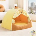 Yellow cozy plush pet tent bed with croissant pattern for cats and dogs - Cream Curtain Tent / L (55cmx43cmx40cm) + Pillow / Cream Yellow