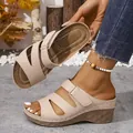 Close-up view of beige platform wedge sandals for women featuring adjustable straps - 36 / Lotus Pink