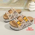 Women's platform slides with sparkling rhinestones and 6cm cork sole detail - 36 / Yellow