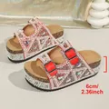 Elegant red platform slides for women with rhinestones and pearl-decorated cork sole - 36 / Red