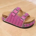 Glamorous pink platform slide sandals featuring decorative pearls and rhinestones on cork sole. - 38 / Orange Red