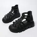 Black platform gladiator sandals with chunky sole and textured straps for women - 35 / Black