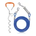 Heavy-duty chrome-plated dog tie-out stake and blue steel cable leash set for pets - Spiral Stake + Thickened Steel Cable / 6mm*3m (10ft) / Yellow and Blue with Spring