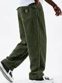 Detail view of men's wide-leg corduroy pants in olive green with ribbed texture - Army Green