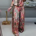 Ethnic print two-piece set with short sleeve top and wide-leg trousers for women - 3XL / Bottoms