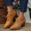 Detail view of vintage embroidered satin heels with intricate floral patterns and laces. - US Size 7.5 / Yellow
