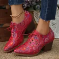 Detailed view of vintage red satin embroidered lace-up pumps with a stable chunky heel - US Size 7.5 / Red