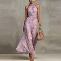 Detailed view of elegant purple floral halter neck maxi dress with pleated waist - Light Purple