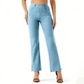 Detail of women's light blue straight-leg elastic waist office casual work trousers. - S / Bottoms / Light Blue