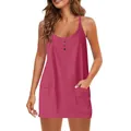 Detailed view of the pink sleeveless tunic dress with pockets and spaghetti straps - S / Dresses / Rose Red