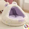 Cama para gatos semicerrada de peluche con lunares, orejas de oso e interior lila - Oso de Lunares (Con Manta)