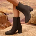 Dark brown suede-like ankle boots with square block heel and side zipper for women - 38 / Coffee Faux Suede