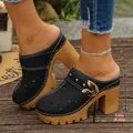 Stylish black platform clogs with hollow-out floral patterns and 9.5cm block heel - 36 / Black
