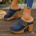 Navy blue laser-cut chunky high-heeled mules with platform and 9.5cm block heel - 36 / Navy Blue