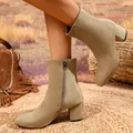 Macro detail of stylish khaki faux suede ankle boots with side zipper and block heel - 38 / Apricot Faux Suede