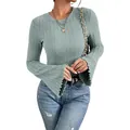 Close-up of ribbed long sleeve top with stylish flared bell cuffs in sage green - Light Blue