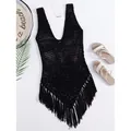 Black crochet beach cover-up with V-neck and fringe hem, bohemian knit bikini topper. - XS / Tops / Black