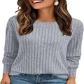Dettaglio di una maglia grigia a maniche lunghe a coste con girocollo stile casual - Taglia S / Top / Grigio